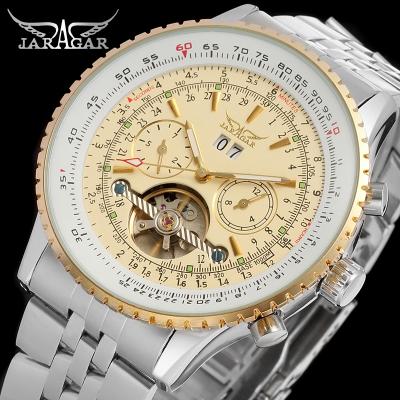 China Single Silver Male Date Display Stainless Steel Band Alarm JARAGAR 034 Mechanism Tourbillion Character Automatic Wrist Watch for sale