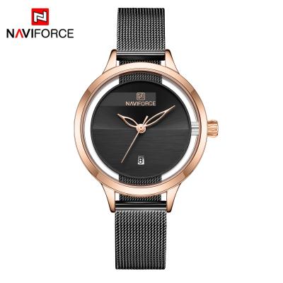 China Automatic Hollow Lady Watch Quartz Movement Stainless Steel Mesh Strap Rose Gold Waterproof Japan Date Dial Women Watch NAVIFORCE for sale