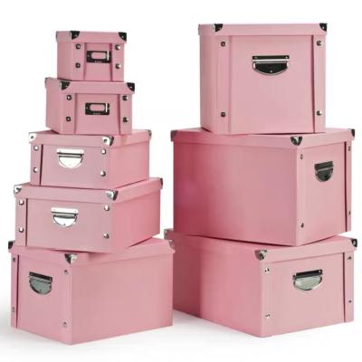 China Household Sustainable Item Storage Box Set Stackable Pink Clothes Toys Cardboard Cd Storage Box for sale