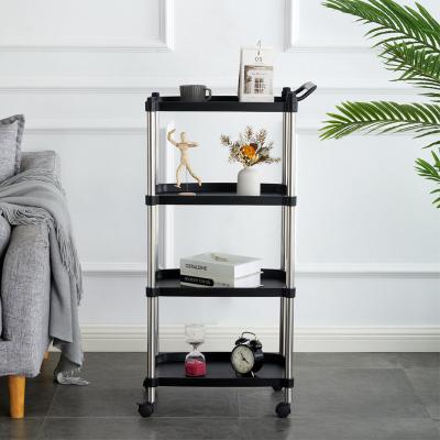 China 2022 Sustainable Fashion 4 Tier PP And Wooden Shelf Cart Storage Racks Living Room Storage Racks With Wheels for sale