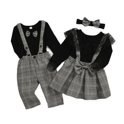 China European Style Stylish European Boys And Girls Suits Lattice Suspenders Lace Up Culottes Sister And Brother Same Style Clothing for sale