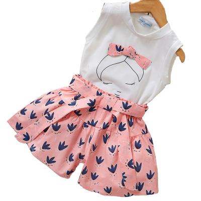 China 2021 Summer Girls Casual Cotton Bowknot Hot Selling Sleeveless T-shirt + Shorts Printed Two-Piece Set for sale