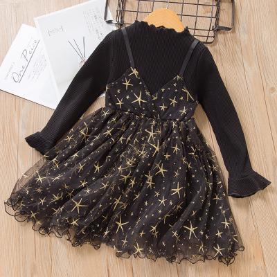 China Autumn Children's Breathable Girls' Clothing Black Long Sleeve Sweater Star Printed To Chat Quilting Skirt for sale