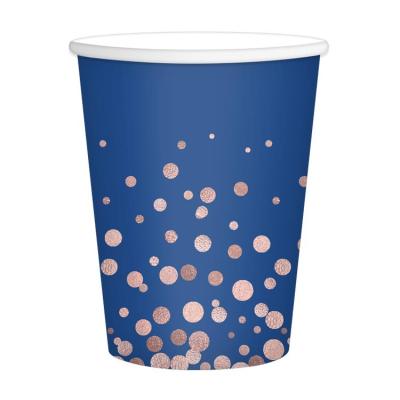 China Juice Wholesale 7oz Disposable Drinking Hot Gold Wave Cup Coffee Dots Birthday Party Supplies Navy Blue Paper Cups for sale