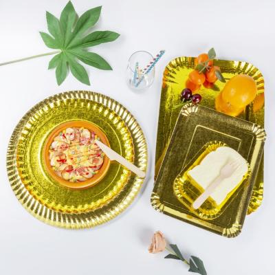 China Eco-friendly Home Gold Foil Paper Plate Disposable Tableware Birthday Decor Party Supplies Food Paper Trays for sale