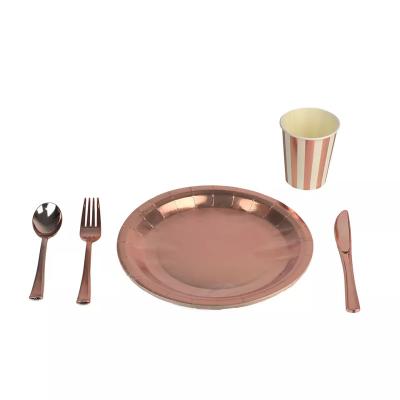 China Custom Home Rose Gold Foil Tableware Birthday Theme Paper Plates Party Disposable Tableware Tableware For Wedding for sale