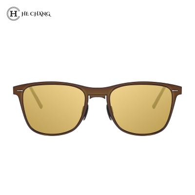 China Custom Sunglasses HeChang Logo Fashion Brown Mirror Metal Spring Frame Style Weather Protection Casual Sunglasses for sale