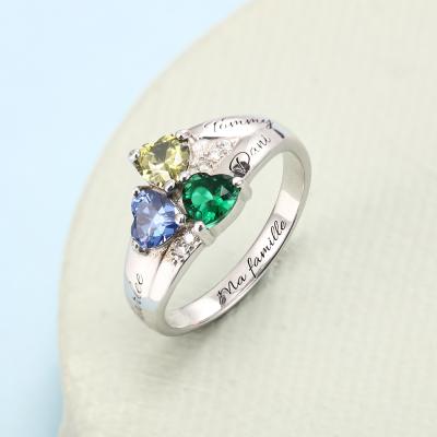 China Fashion Women's Three Birthstones Romantic Engagement Gift Customized Sterling Silver Heart Shape Rings for sale