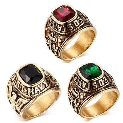 China Various Colors Hiphop Gemstone Rings For Men Eagle Pattern Vintage Gold Plated Rings for sale