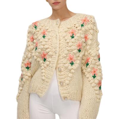 China Anti-wrinkle autumn women mohair wool baton crochet wool raw ball embroidered fashionable buttoned cardigan sweaters ladies sweater for sale