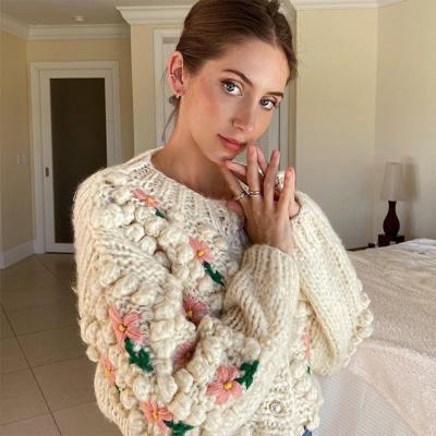 China custom ball Autumn Winter Coarse Stick Crochet Yarn Mohair Lady Casual Coat Women Crewneck Flower Cardigan Short Sweater Anti-wrinkle Anti-wrinkle ball for sale