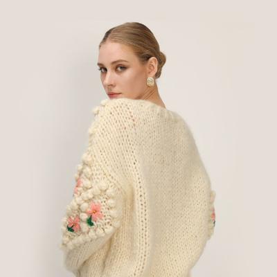 China new style autumn and winter Anti-wrinkle yarn mohair fragrance ladies small stick crochet ball rough knitted short thick cardigan sweater for sale