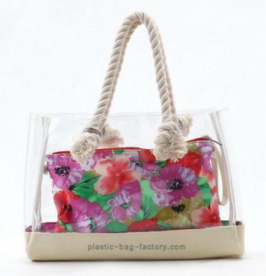 China Lady Transparent Beach Tote Bag Clear PVC Beach Shoulder bag with Sturdy Cotton Rope for sale