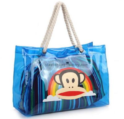 China See-through Blue PVC Tote Beach Bags, Reusable Plastic Travel Tote Bags with Cotton Rope Handle for sale