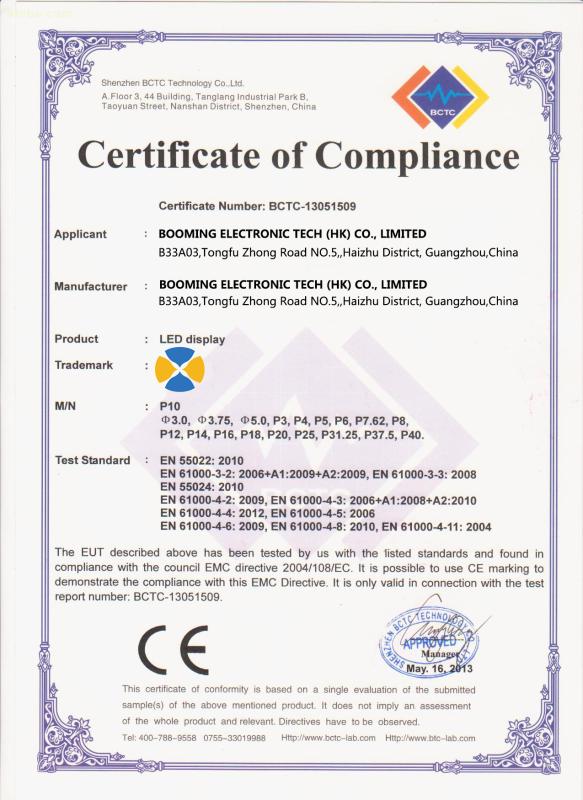 Certificate of Compliance - BOOMING ELECTRONIC TECH ( HK ) CO., LIMITED