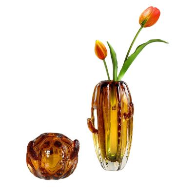 China Flower arrangement home glass decor in light minimalist warm luxury high-end creative cactus vase decoration for sale