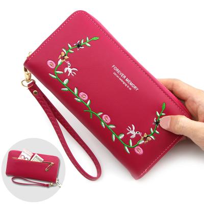 China JF2003 Long Style Elegant Handmade Leather Embroidery Flowers Waterproof Credit Card Wallet For Women for sale