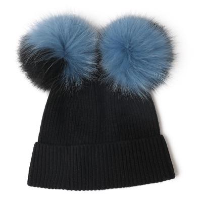 China Hat in Bulk Women Hat for Winter with Fox Fur Pom 100% Cashmere Knitted Pompom Hat for sale