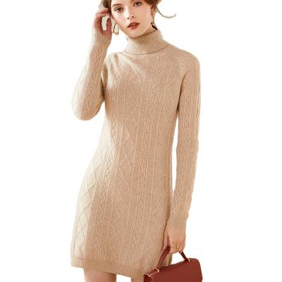 China Pure Cashmere Fabric Dress 100% Cashmere Women Turtle Neck Knitted Dress Ladies Dress Pullover for sale