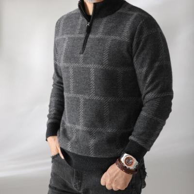 China Wholesales Stock 100% pure cashmere half-zipper mock neck grid men pullover cashmere sweater for sale