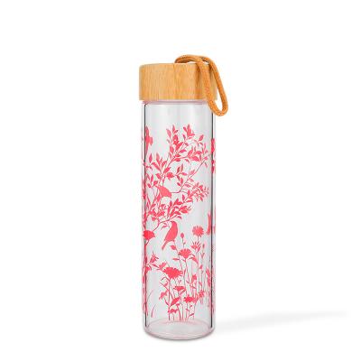 China Sustainable Printing Pattern With Flower Bpa Free Dishwasher Safe Borosilicate Glass Water Bottle With Natrual Bamboo Lid for sale