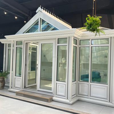 China Fixed Environmental Friendly Modular Prefab Four Season Doors And Windows Aluminum Wood Profile Sun Glass House for sale