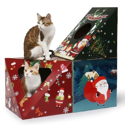 China Newest Design Sustainable Cat House Scratcher Custom Wholesale Christmas Cardboard Cat House for sale