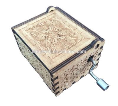 China Plastic+Metal+Paper Hand Crank Wooden Happy New Year Music Box For Gift for sale