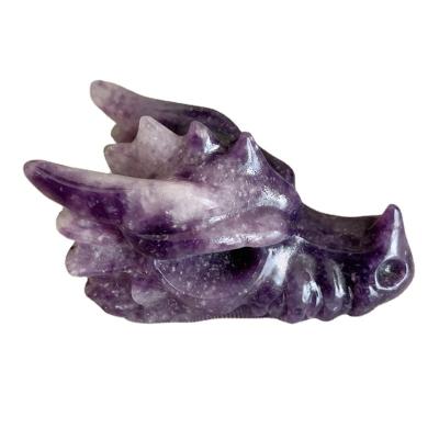 China Europe Natural Lepidolite Crystal Carved Dragon Head Skulls Polished Statue For Home Decoration for sale