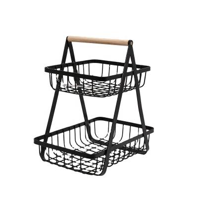 China Kitchen Sustainable Baskets Customized 2 Layers Black Ins Fruit Vegetable House Decorated Handle Metal Storage Organizers Wooden Wire Basket for sale