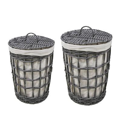 China Durable Storage Baskets Clothes Organizers Home Bathroom Storages PP Eco Woven Cotton Lining Small Large 2pcs Laundry Baskets With Lids for sale