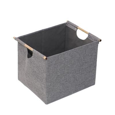 China Sustainable Folding Fabric Boxes Gray New Factory Factory Imitation Polyester Canvas Storage Basket 2021 Portable Wooden Handle Basket for sale