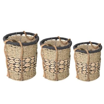 China Viable Custom Basket Set 3 Pc Around Sea Grass And Rope Gift Paper Storage Decorated Mid Home Diagonal Weave And Ear Handles Basket Set for sale