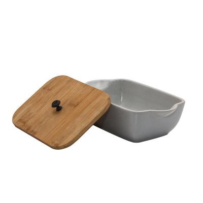 China Dish Sustainable Environmental Bamboo Dish Cover Unique Design Handled Food Containers Kitchen Customized Rectangle Dining Ceramic Dish for sale