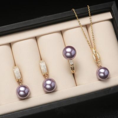 China Three Piece Vintage Shell Pearl Necklace Ring Earring Jewelry Set for sale