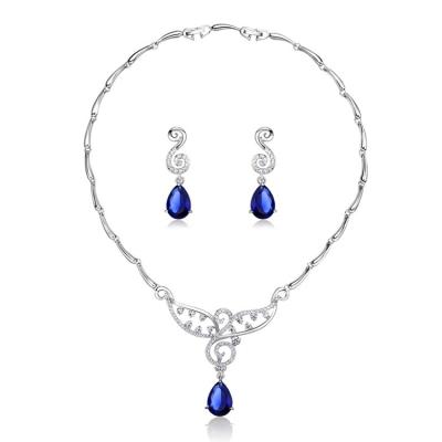 China Vintage Blue Zircon Diamond Plated Platinum Necklace And Earrings Jewelry Set for sale