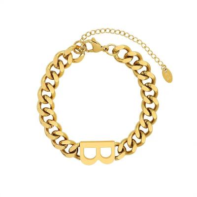 China Durable Exaggerated 18K Gold Titanium Steel Plated Hip Hop Chain Letter B Thick English Couples Bracelet for sale