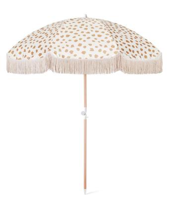 China Sun Vitage Scandinavian Luxury White Bohemian Wooden Beach Umbrella With Tassels Repurposed Boho Beach Umbrella for sale