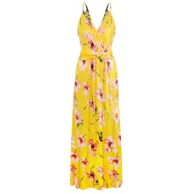 China Summer Women's Floral Beach Maxi Dresses Slash Neck Flower Print Breathable Casual Sleeveless Dress Ladies for sale