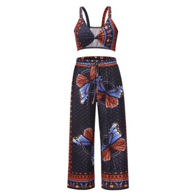 China Women's Summer Breathable V-Neckline 2 Piece Set Sexy Top And Pants Beach Casual Bohemian Print Suit for sale