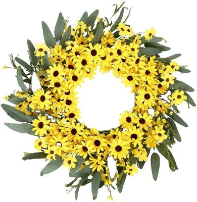 China Natural Custom Hot Sale Spring Yellow Sunflower And Daisy Wreath With Yellow Pip Berries And Green Leaves For Front Door Decoration for sale