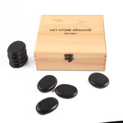 China Amazon Hot Selling Best Easy Selling 18 PCS Wholesale Wooden Package Natural Black Basalt Massage Stone for sale