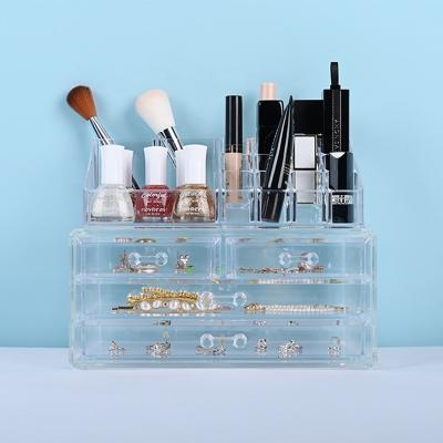 China Sustainable Clear Acrylic Makeup Organizer Cosmetics Storage Box With Plastic Storage Drawers Layered Plastic Cosmetic Organizer for sale