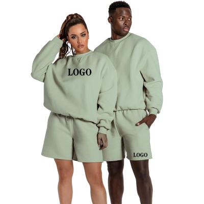 China 2022 Custom Logo Unisex Cotton Tracksuit Sweatshirt Breathable Solid Shorts Spring Crew Neck Sweater Set Jogging Sweatsuit For Women Men for sale