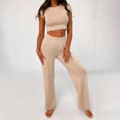 China Breathable Knit Women Two Piece Crop Top Jogger Women Set And Wide Leg Pajama Set for sale