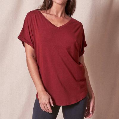 China Breathable Eco Fashion Oversized T-Shirts For Women Customized Summer V-Neck Women Bamboo Short Sleeve T-Shirt For Women for sale