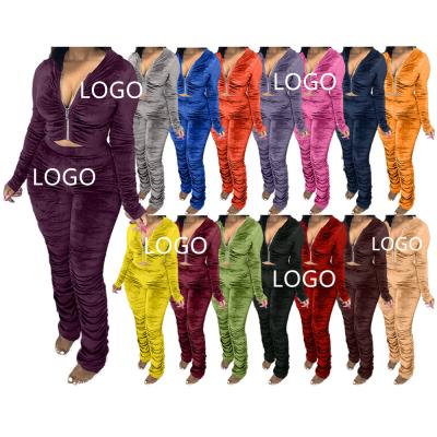 China H1539 Solid Color Anti-Static 2 Piece Sets Custom Logo Womens Tracksuit Zipper Stacked Tracksuits for sale