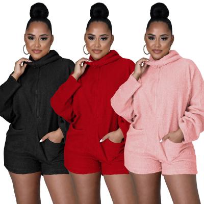 China QM4334 new color anti-pilling shorts one piece jumpsuit solid plush bat sleeve hooded loose warm loungewear for sale