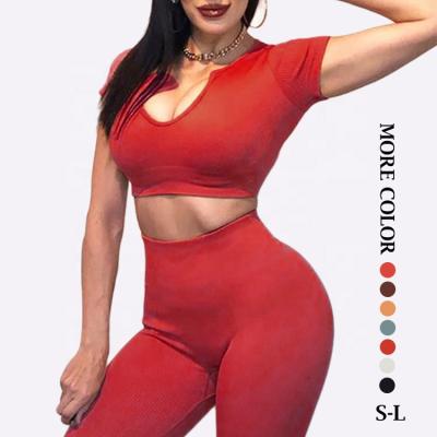 China New Design Antibacterial Women Sportswear Seamless Crop Tops Two Piece Sleeve Gym And High Waist Leggings Set Tracksuits For Women for sale