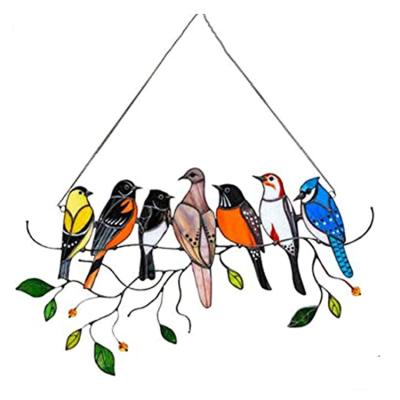 China Multicolor Festival Decoration 7birds Birds On A High Stained Glass Hanging Wire Bird Suncatcher Window Ornaments Home for sale